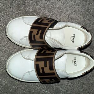 Fendi White Sneakers with Bold Brown Logo Strap